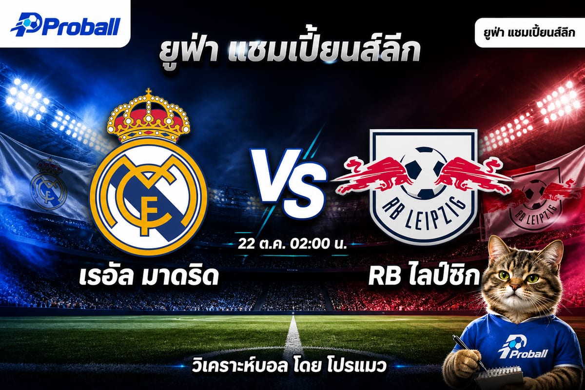 วิเคราะห์บอล ยูฟ่า แชมเปี้ยนส์ลีก เรอัล มาดริด VS RB ไลป์ซิก 22 ตุลาคม 2569 เจ้าบ้านลุ้นชนะต่อเนื่อง