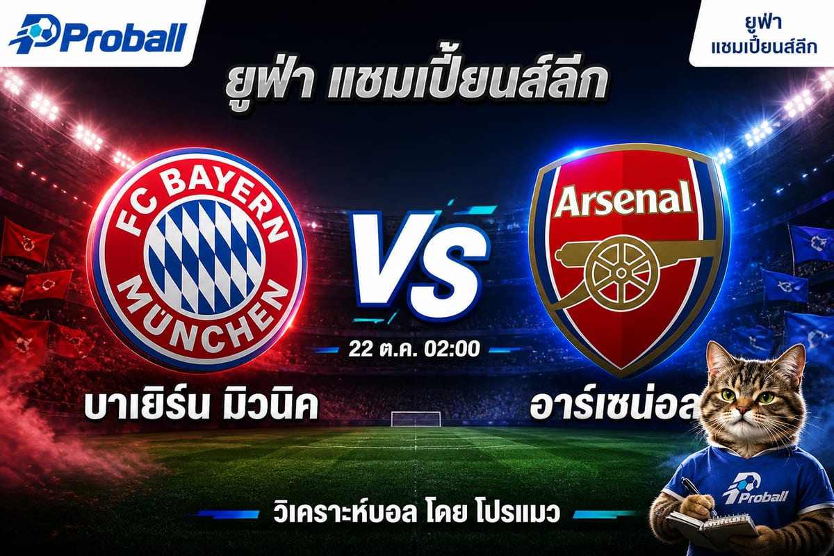 วิเคราะห์บอล ยูฟ่า แชมเปี้ยนส์ลีก บาเยิร์น มิวนิค VS อาร์เซน่อล 22 ตุลาคม 2569 เจ้าบ้านเกมรุกจัดจ้านลุ้นเบียดชัย