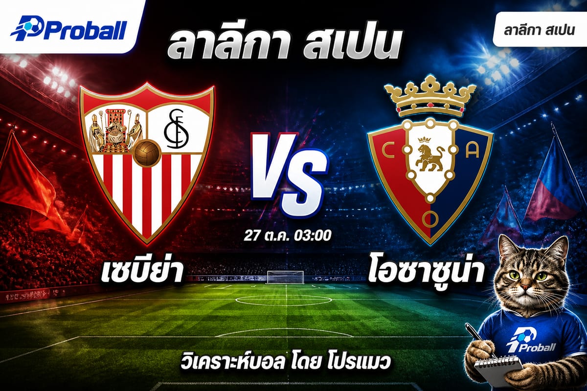 วิเคราะห์บอล ลาลีกา สเปน เซบีย่า VS โอซาซูน่า 27 ตุลาคม 2569 เจ้าถิ่นลุ้นเบียดผ่านครึ่งลูก